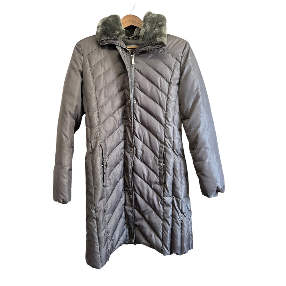 Michael Kors Down Puffer Coat Womens S Gray Faux Fur Collar Longline Winter‎